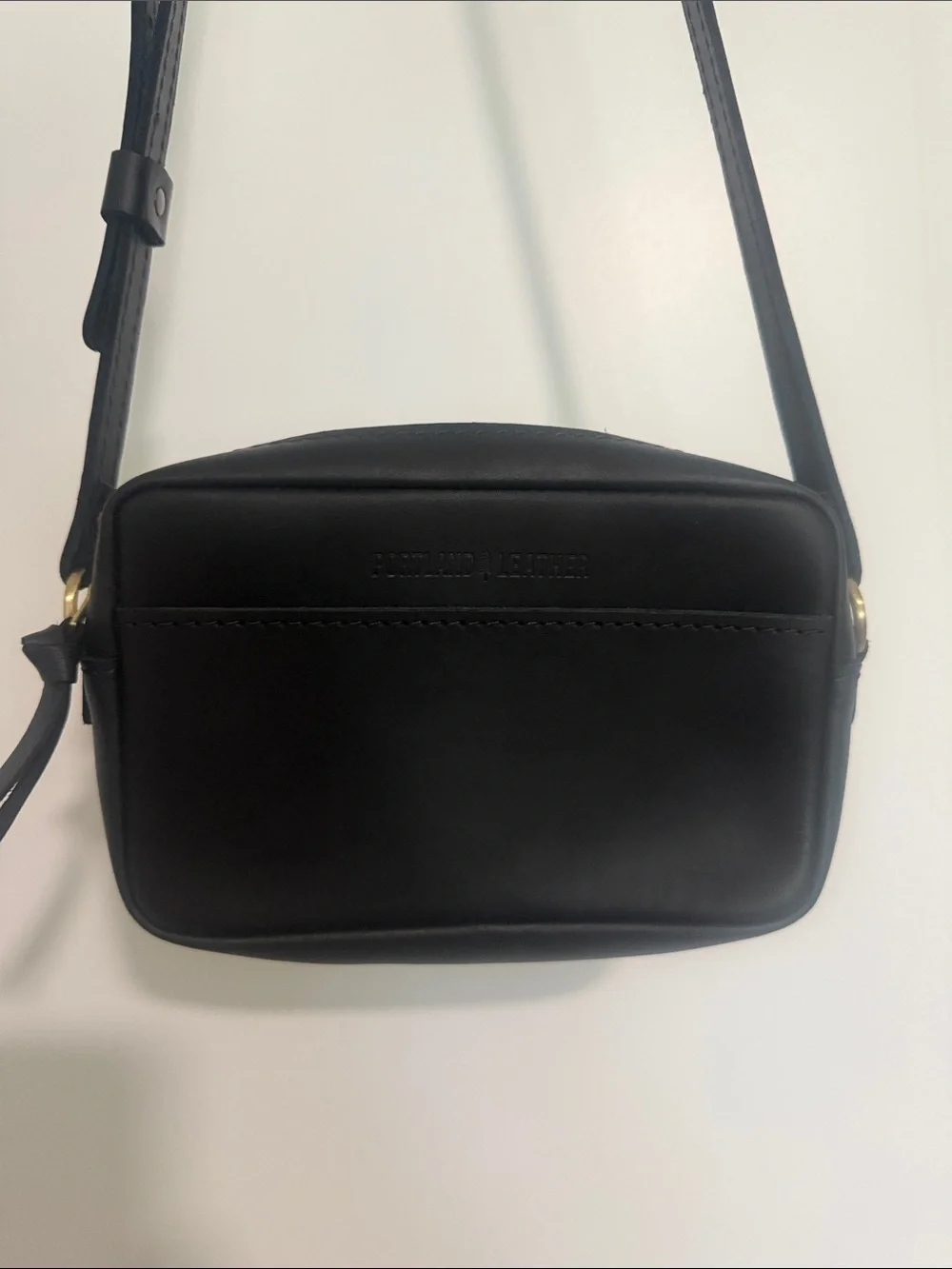 Portland Leather Black Crossbody Camera Bag with Gold Hardware